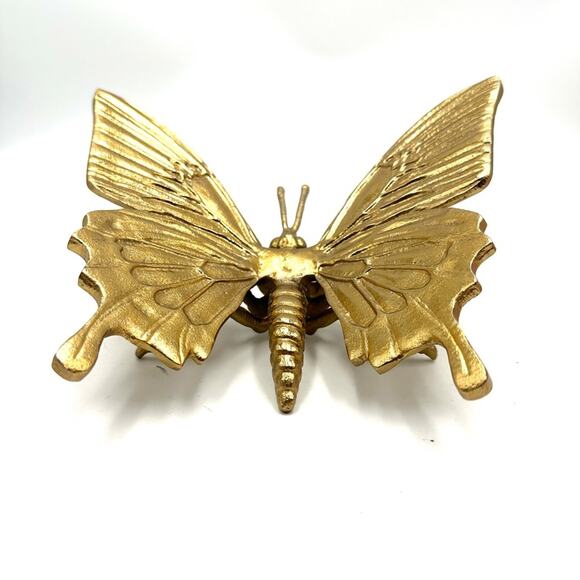 Large Metal Butterfly Gold Tone Cast Aluminum Detailed - Picture 9 of 11